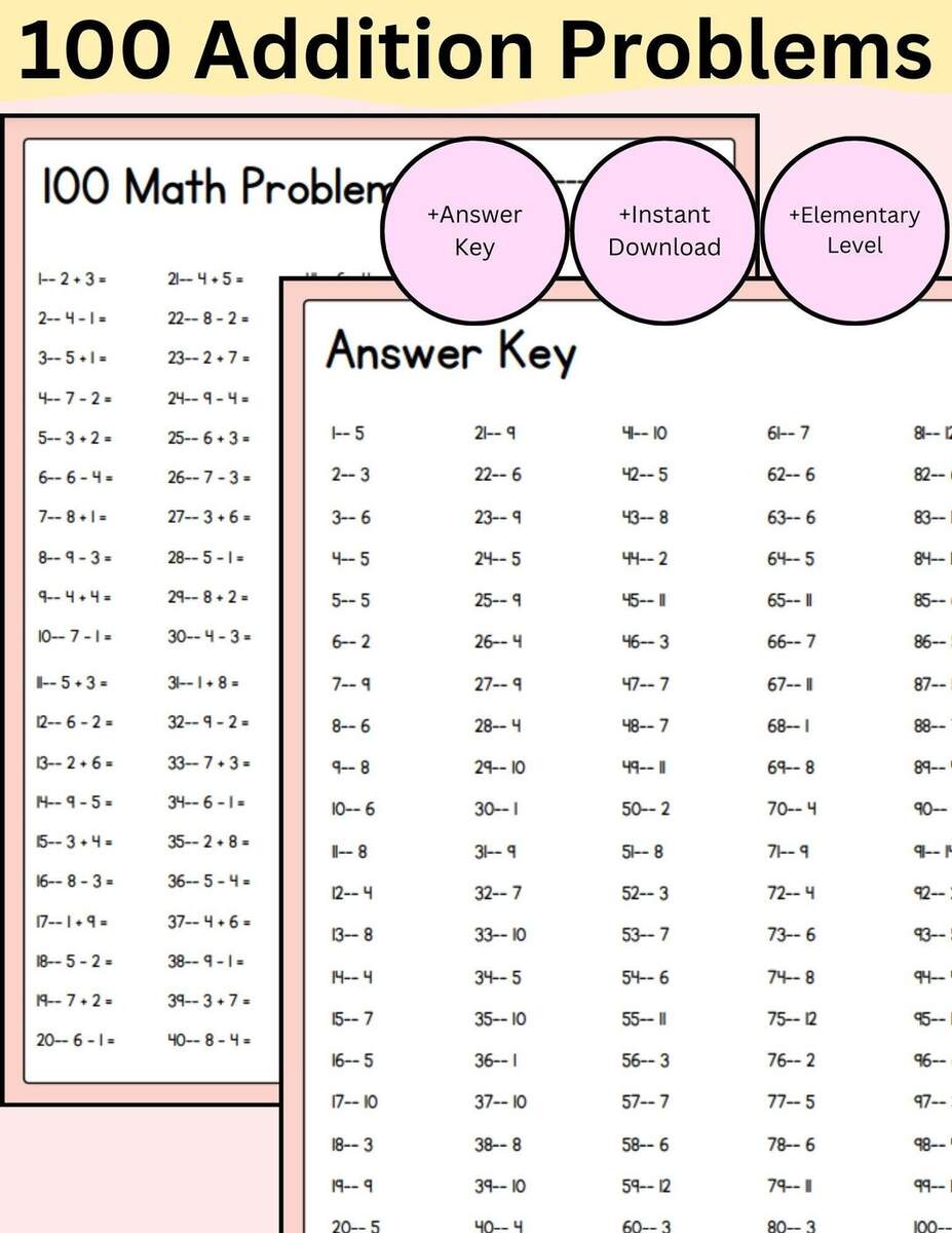 100 Addition Problems Worksheet Kindergarten 1st Grader 2nd Grade Instant Downloadable PDF Printable Math Worksheet Addition Adding Plus Etsy
