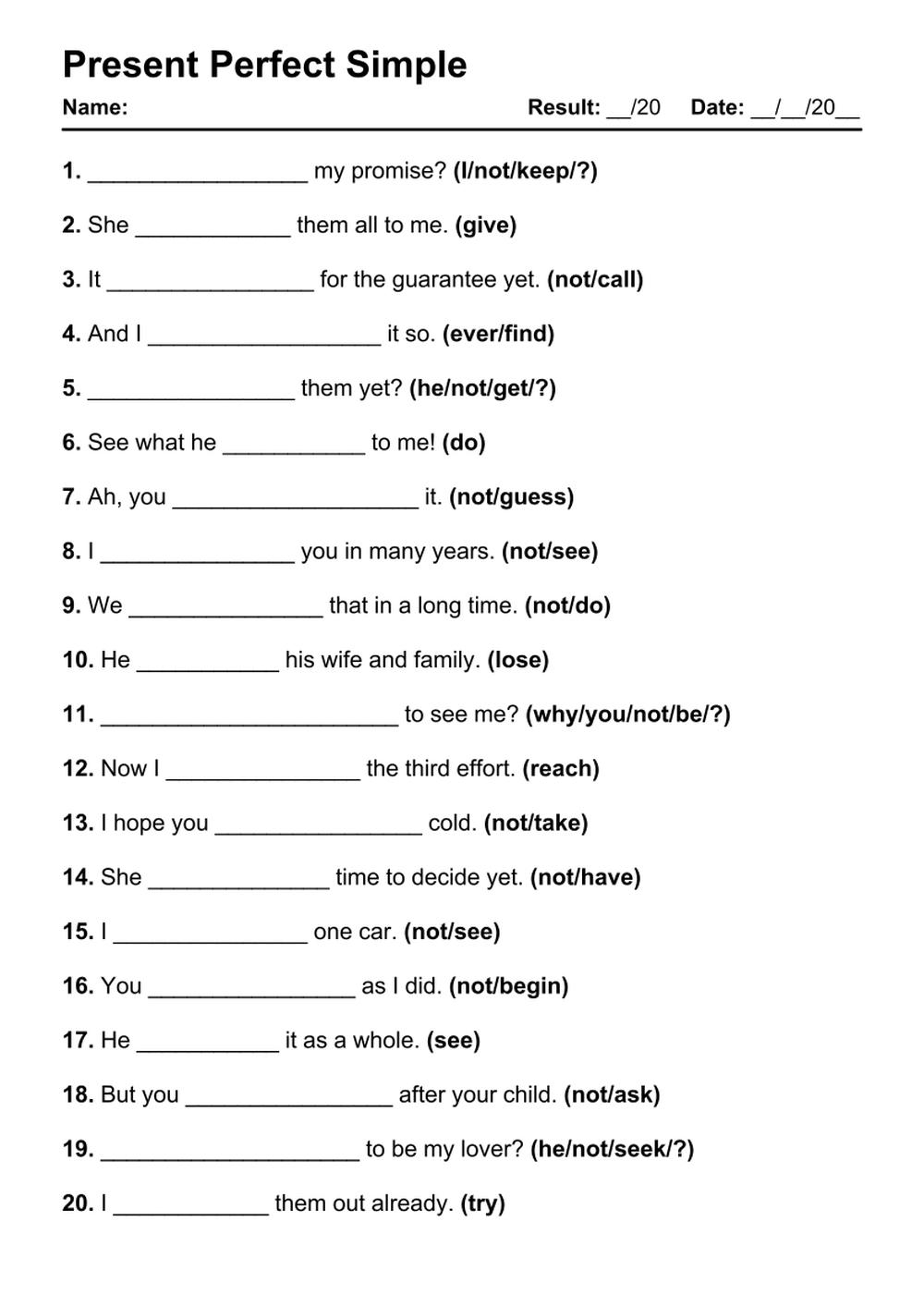 101 Present Perfect PDF Worksheets With Answers Grammarism