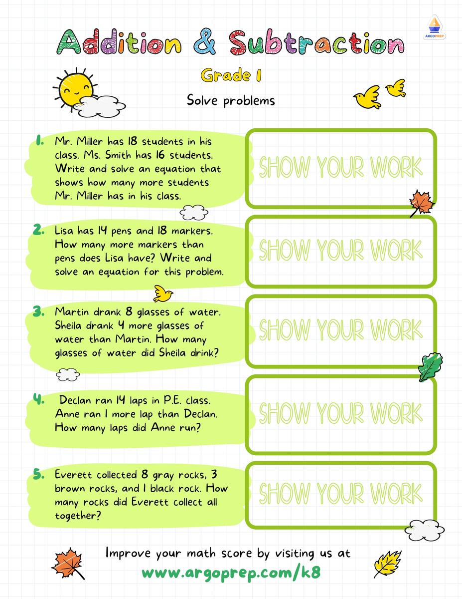 1st Grade Word Problems Mixed Addition Subtraction Worksheets For Free ArgoPrep
