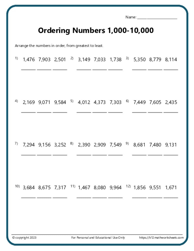 3rd Grade Comparing And Ordering Numbers Ordering Numbers Worksheets Up To 1000