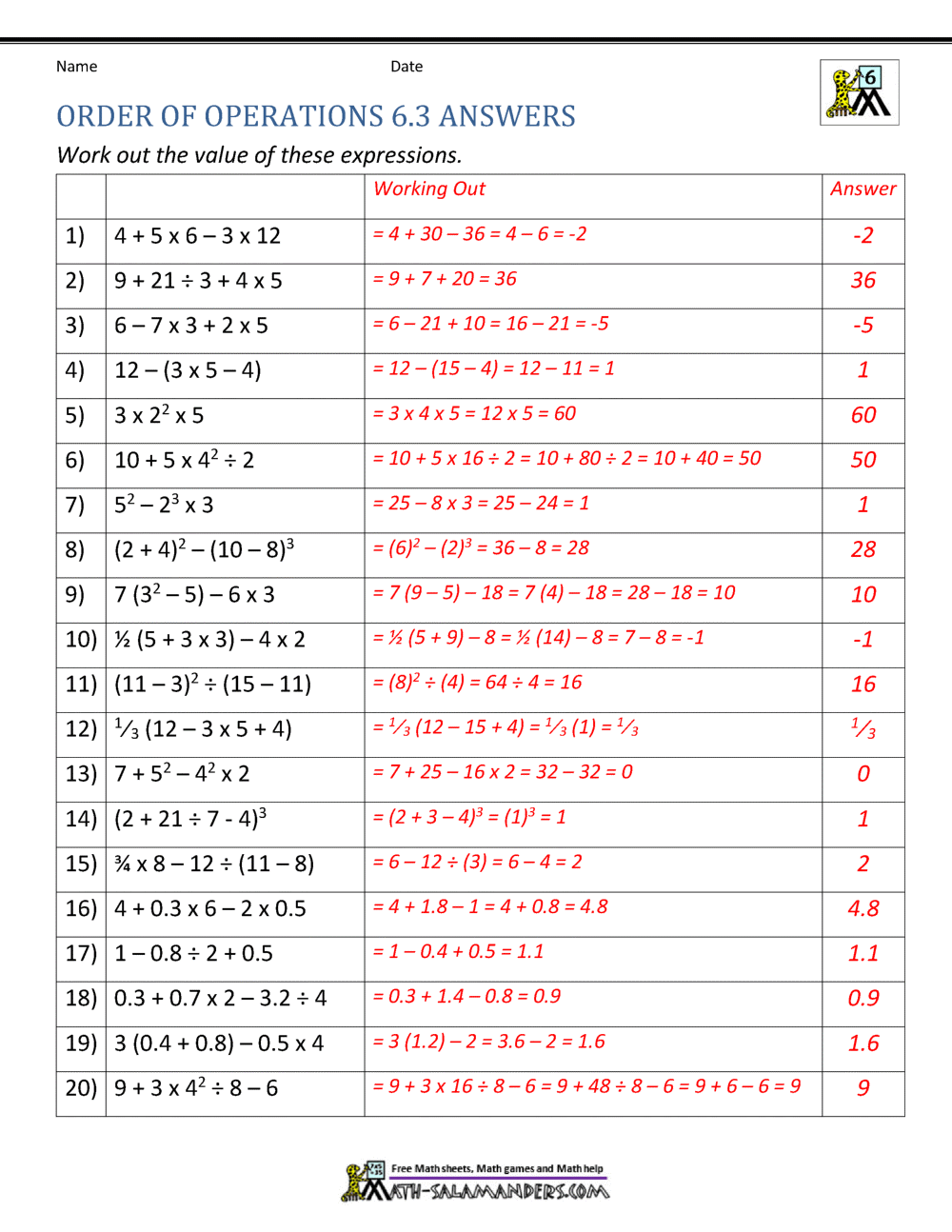 6th Grade Order Of Operations Worksheets 6th Grade Order Of Operations Worksheets
