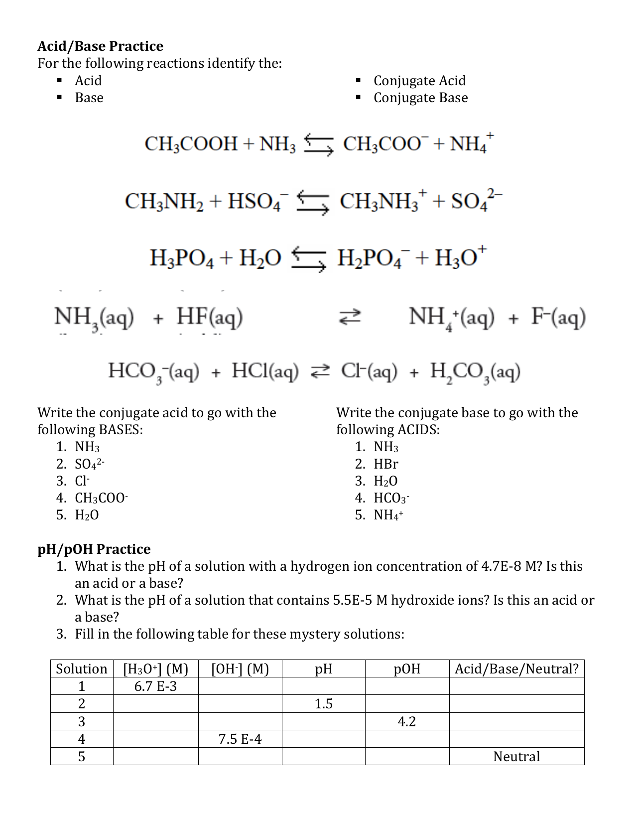 Acid Base PH Practice Worksheet Acid Base PH Practice Worksheet