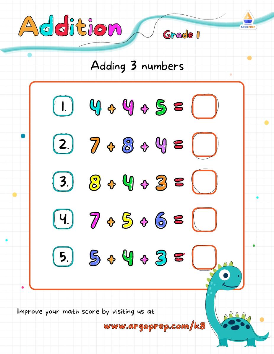 Add 3 Single Digit Numbers Grade 1 Addition Worksheets ArgoPrep Adding 3 Single Digit Numbers Worksheets Math Timed Test Addition Etsy Ireland