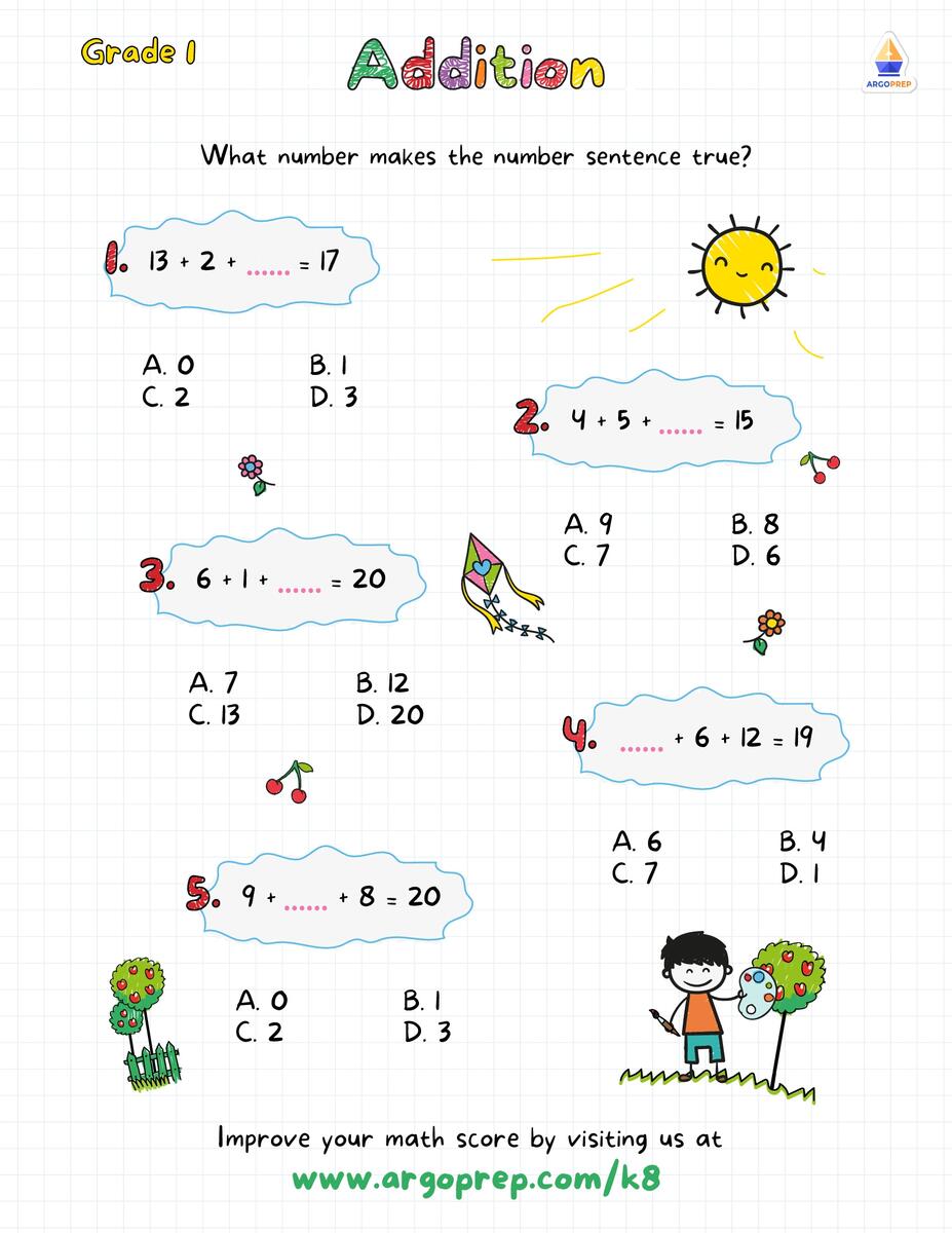 Add 3 Single Digit Numbers Grade 1 Addition Worksheets ArgoPrep Add 3 Single Digit Numbers Grade 1 Addition Worksheets ArgoPrep