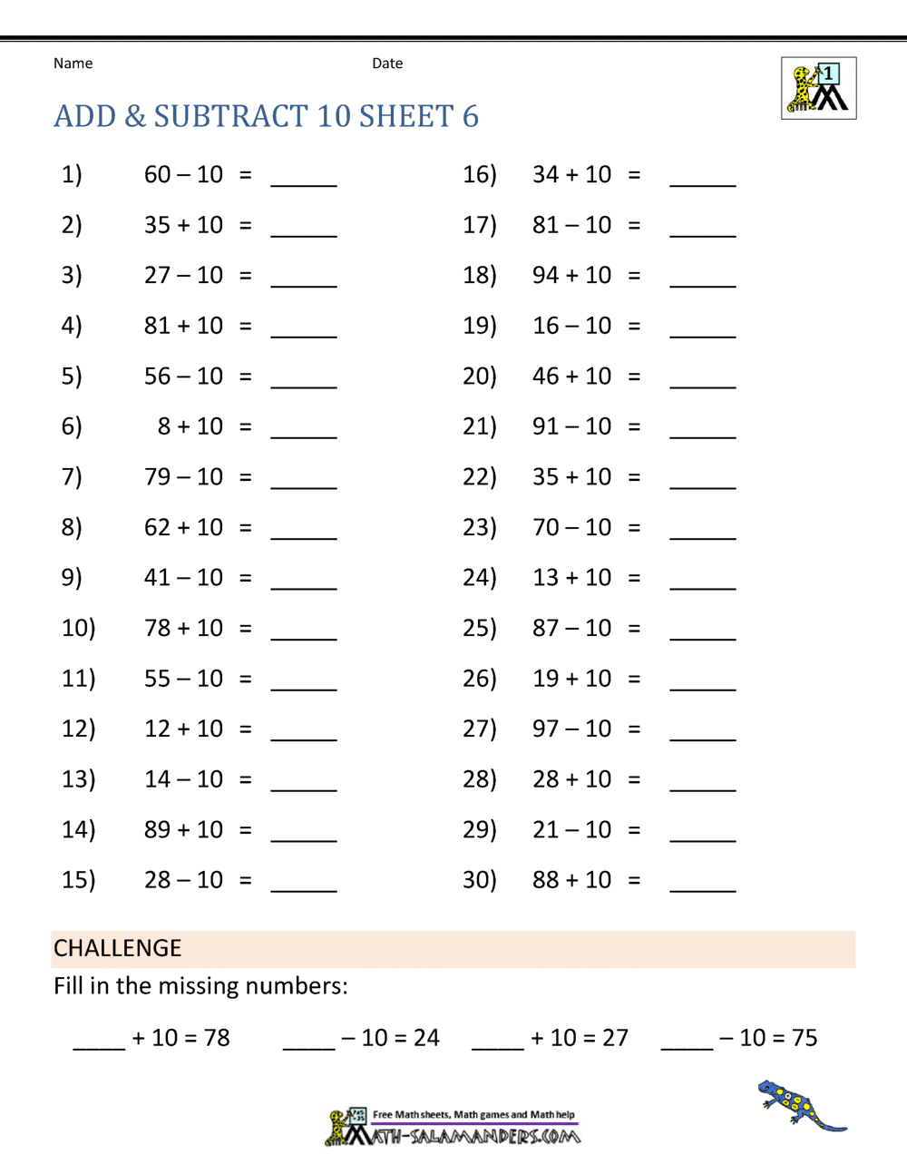 Add And Subtract 10 Worksheet Subtracting Tens