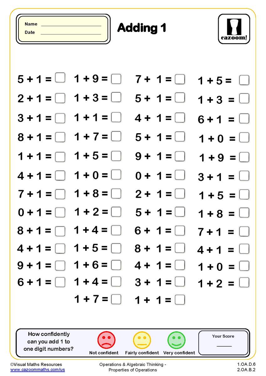 Adding 1 Drills Worksheet 50 Questions PDF Printable Addition Worksheets Cazoom Math Addition Worksheets Free Printable Easy Math Problems Free Printables Lettering SVG Files Tools Apps