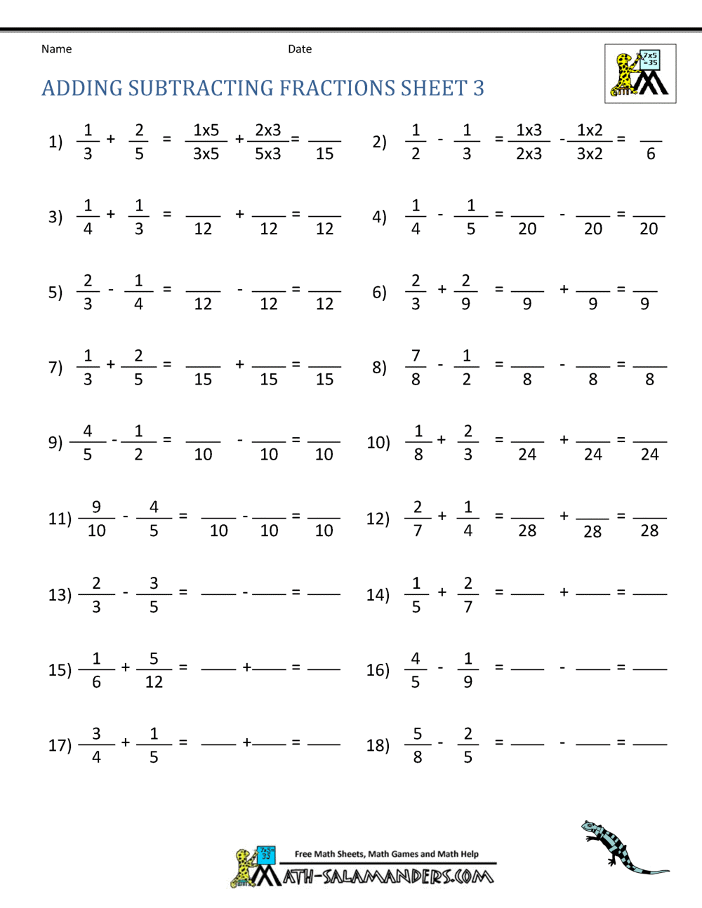 Adding And Subtracting Fractions Worksheet Printable Maths Worksheets