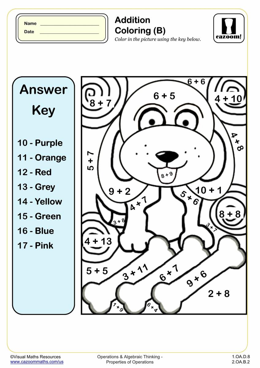 Addition Coloring B PDF Printable Addition Worksheets Cazoom Math Addition Coloring B PDF Printable Addition Worksheets Cazoom Math
