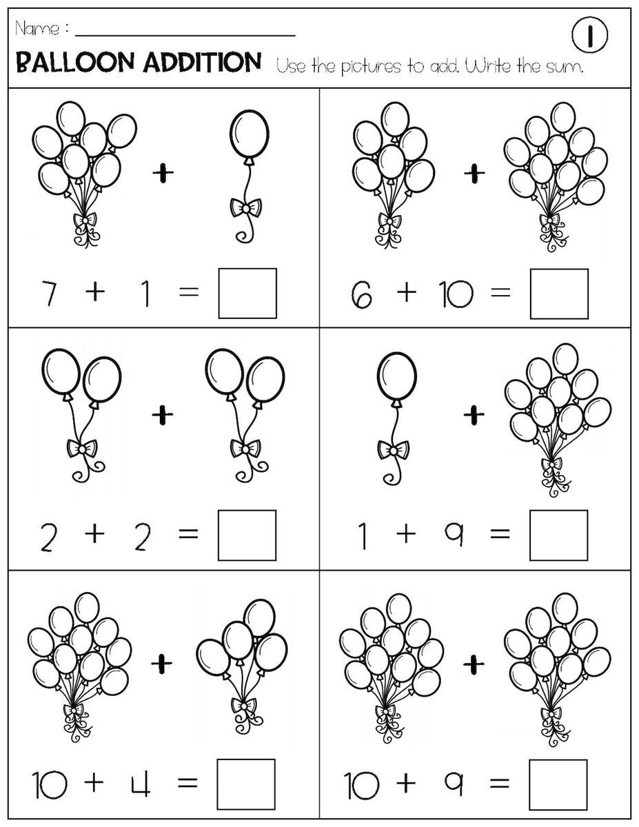 Addition With Pictures Sum Up To 20 Worksheets Adding Balloon Pictures Math Worksheets Printable Etsy