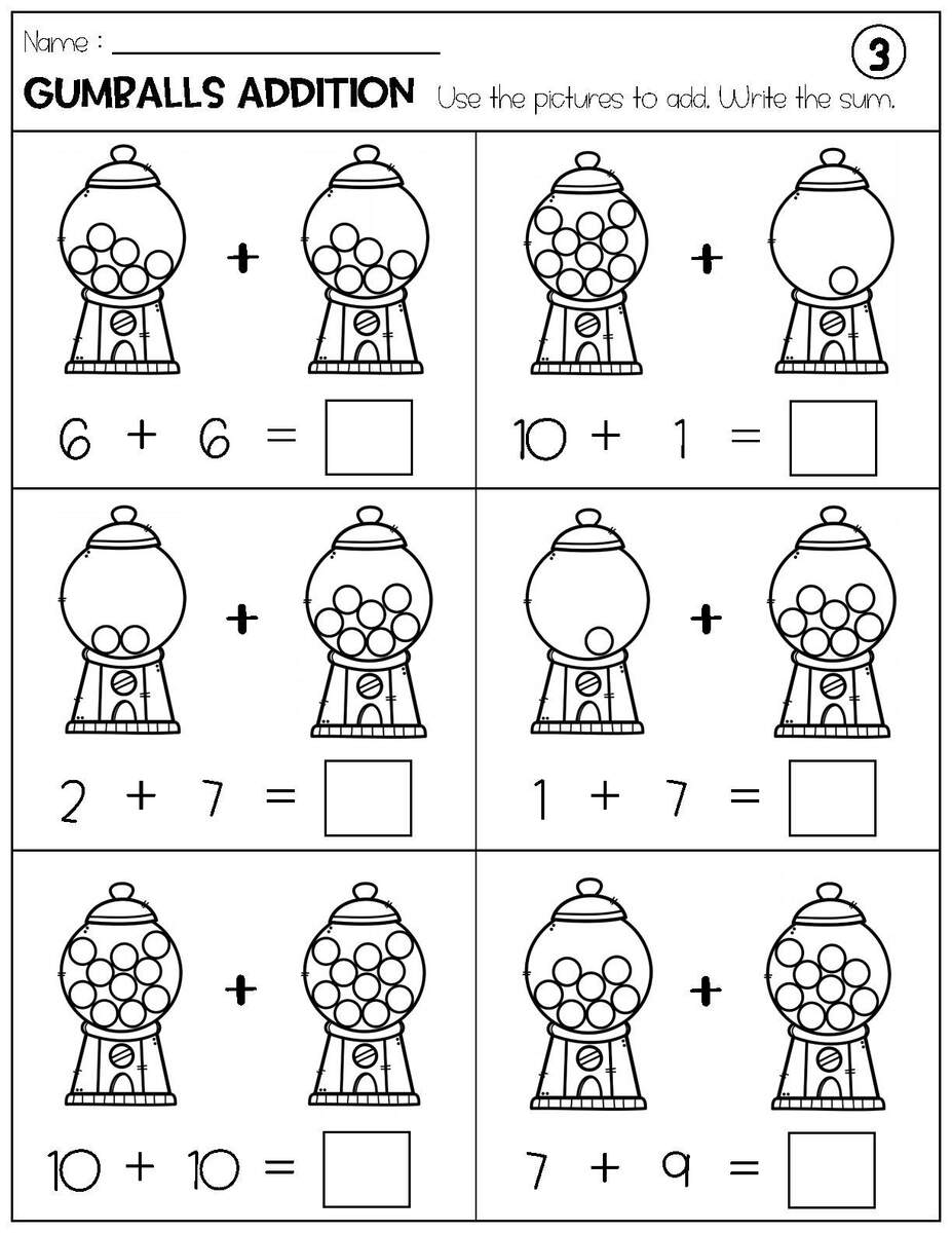 Addition With Pictures Sum Up To 20 Worksheets Adding Gumballs Pictures Math Worksheets Printable Etsy