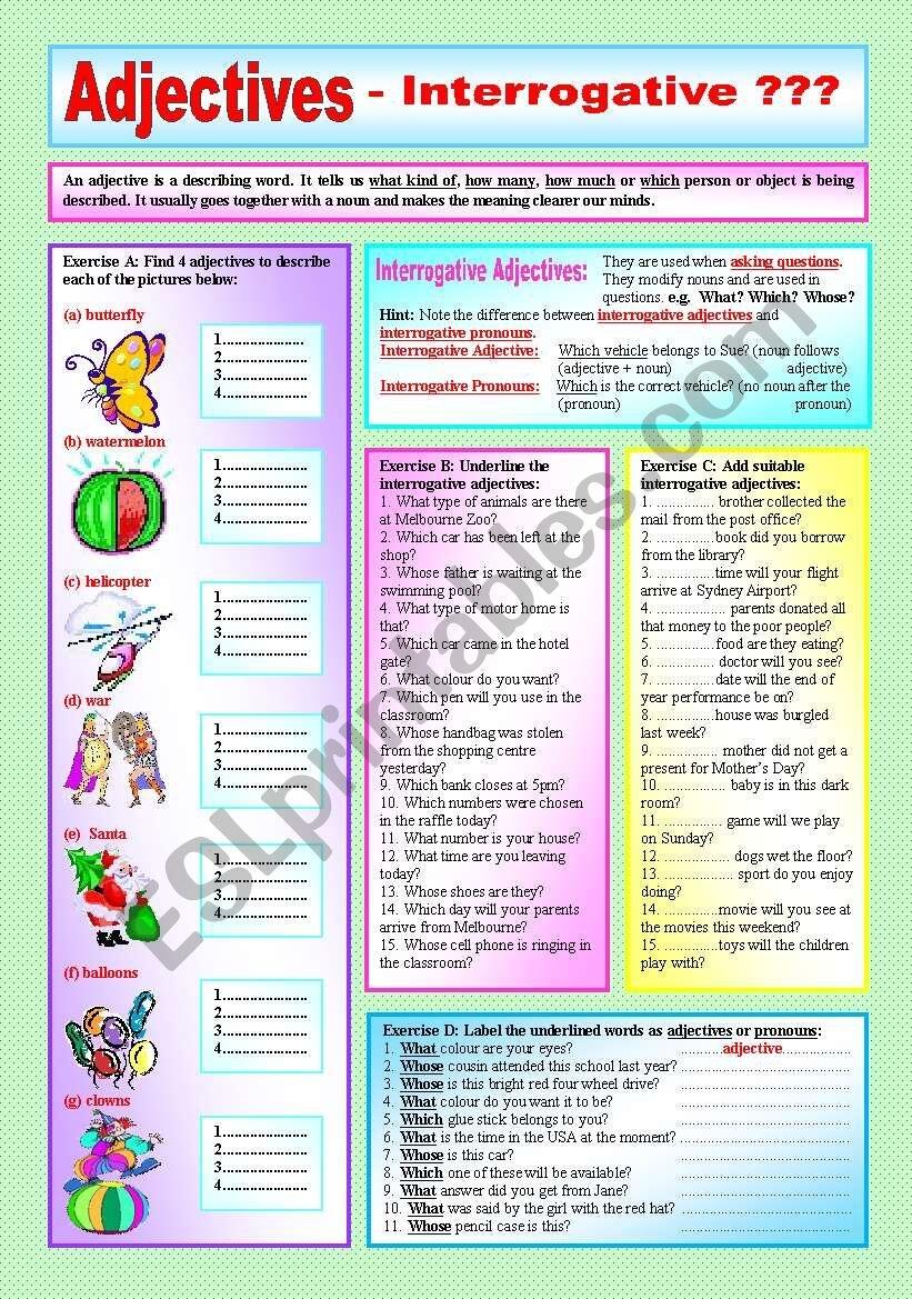 ADJECTIVES Interrogative Adjectives Interrogative Pronouns Elementary Intermediate Explanation 4 Exercises With Approx 45 Sentences To Complete B W VERSION INCLUDED ESL Worksheet By Ranclaude ADJECTIVES Interrogative Adjectives Interrogative Pronouns Elementary Intermediate Explanation 4 Exercises With Approx 45 Sentences To Complete B W VERSION INCLUDED ESL Worksheet By Ranclaude