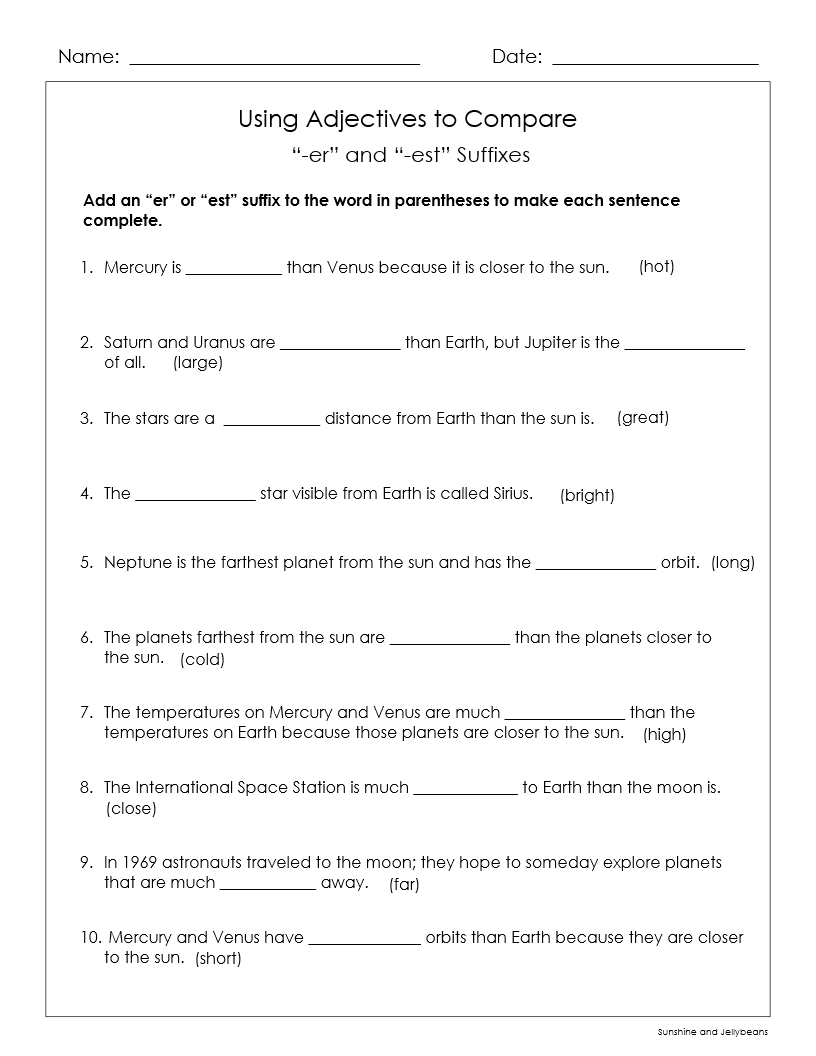 Adjectives That Compare Er Est More Most Outer Space Theme Grades 3 4 Made By Teachers