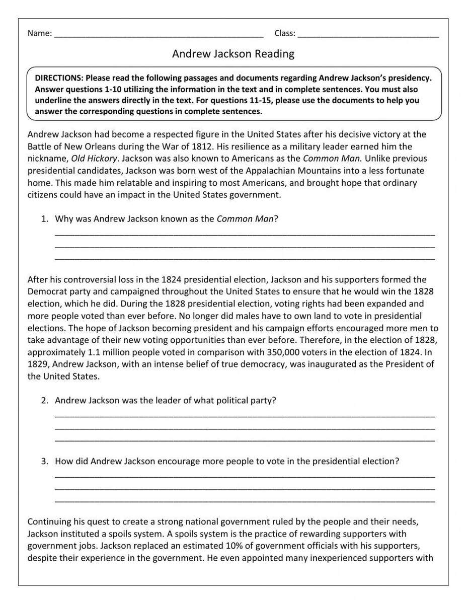 Andrew Jackson Pages 1 3 Online Exercise For Worksheets Library