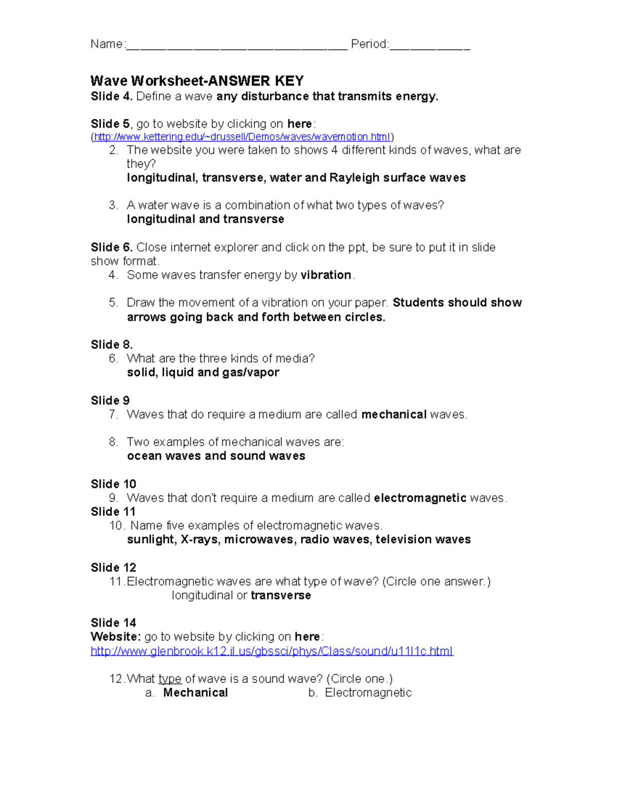 Answer Key Waves Worksheet For Physics 101 Studocu