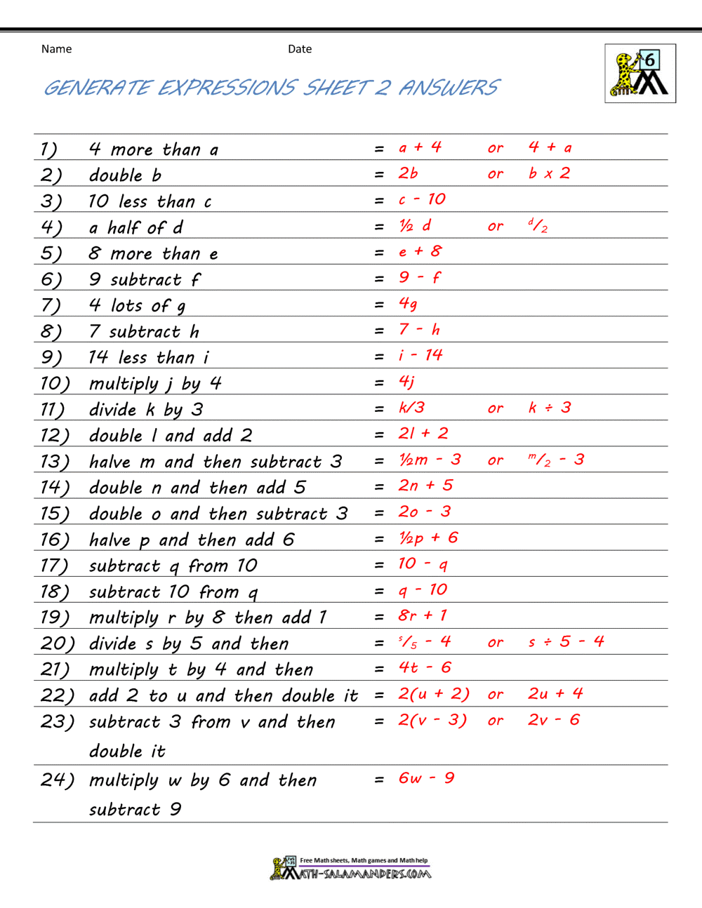 Algebraic Expressions Worksheets Evaluating One Variable Worksheets 2 3 Terms Made By Teachers
