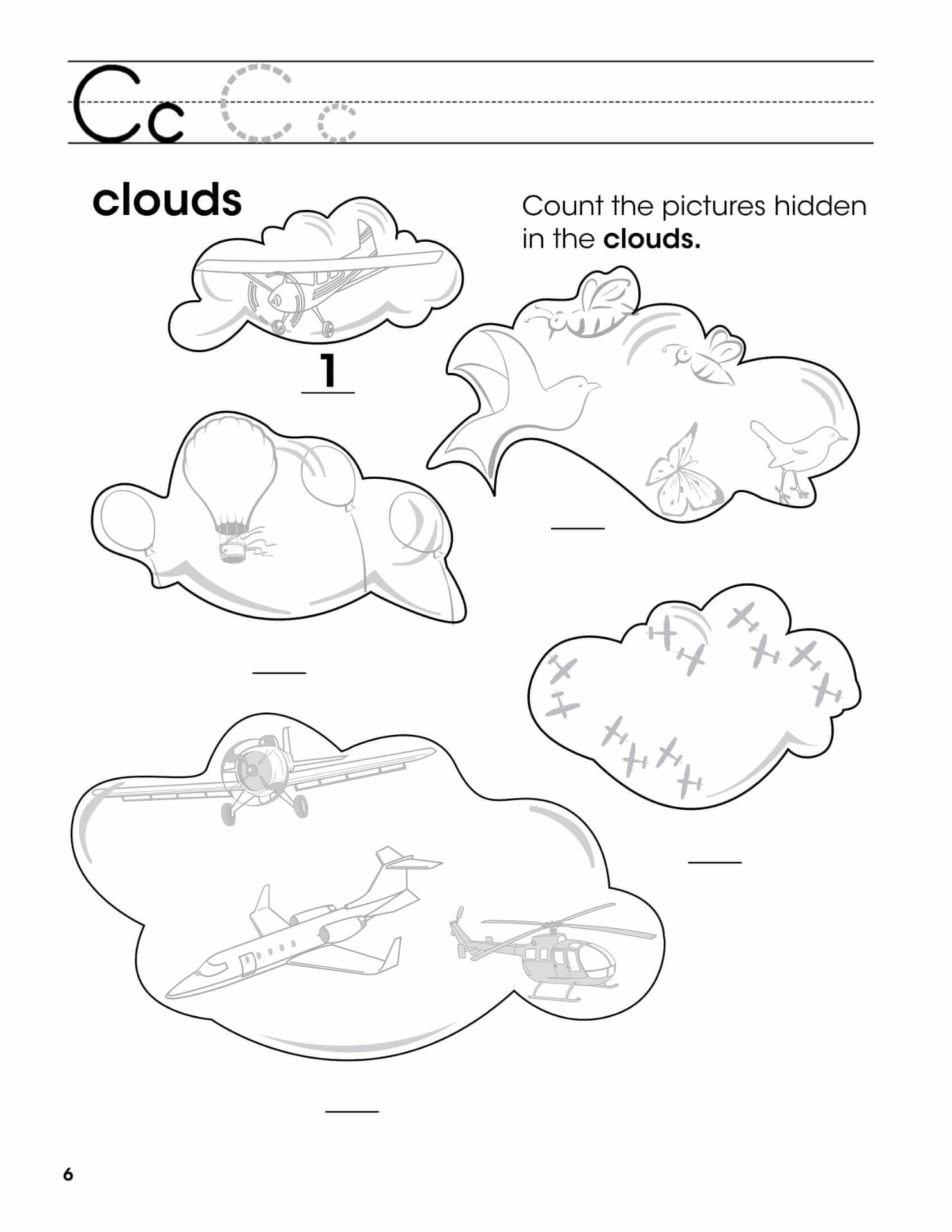 C Trace Letter And Count The Pictures Hidden In The Clouds Free Printable Worksheets