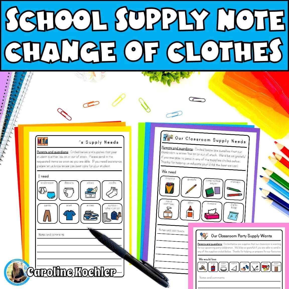 Change Of Clothes Note School And Party Supplies Template Caroline Koehler At Celavora Education