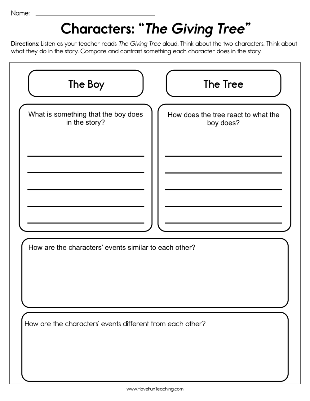Characters The Giving Tree Worksheet Have Fun Teaching The Giving Tree Worksheets Library