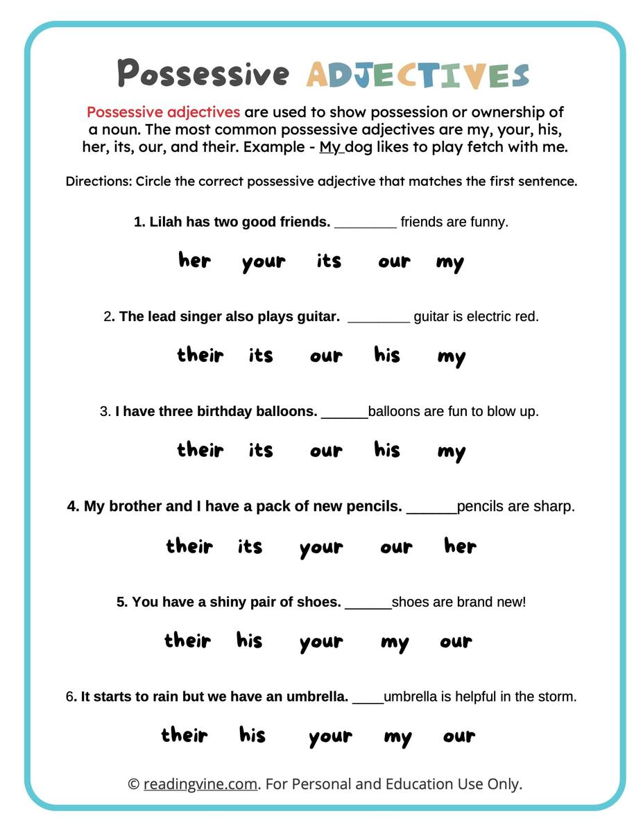 Circle The Possessive Adjectives Worksheet ReadingVine