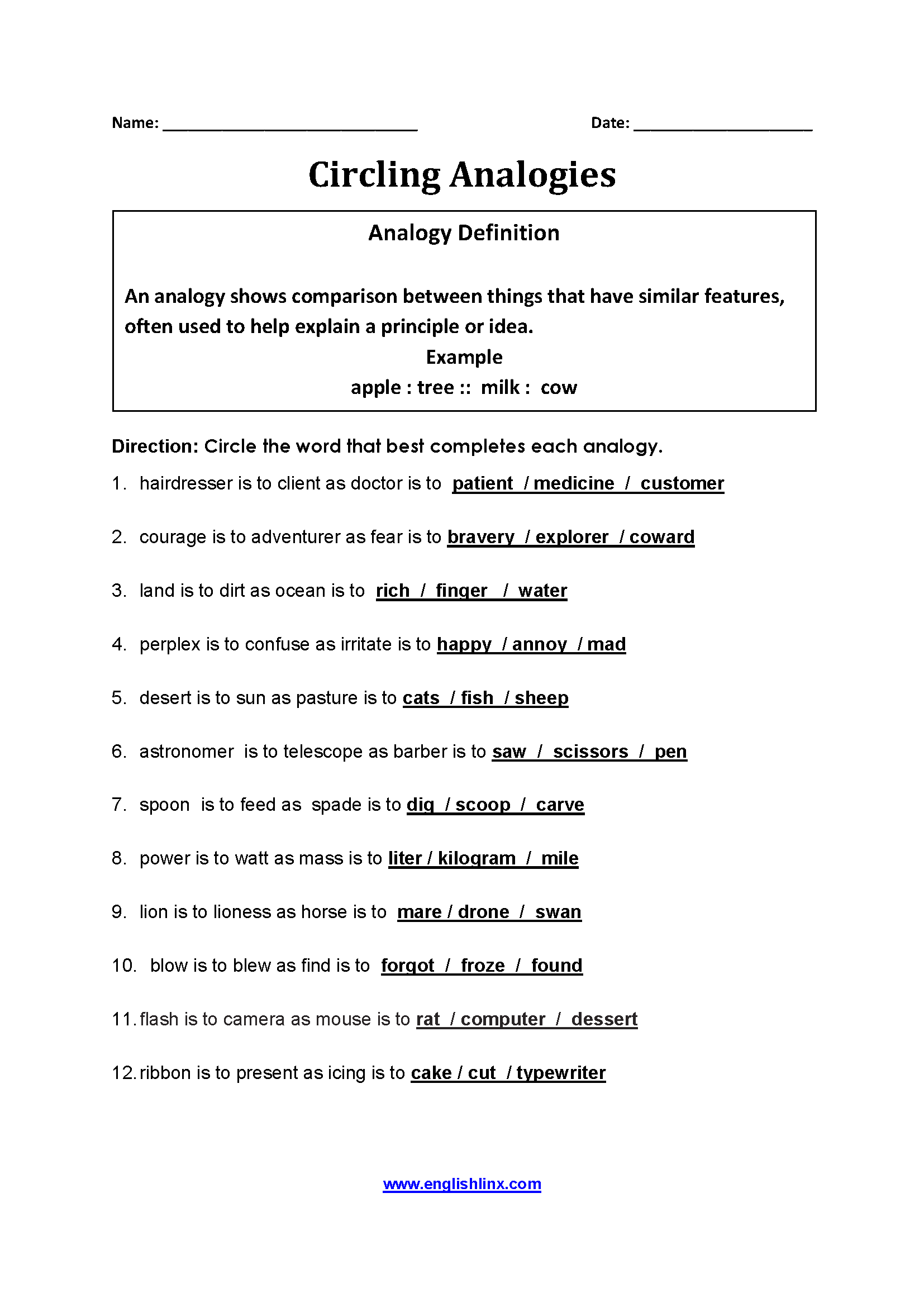 Circling Analogies Word Relationship Worksheet Practice Englishlinx Analogy Worksheets