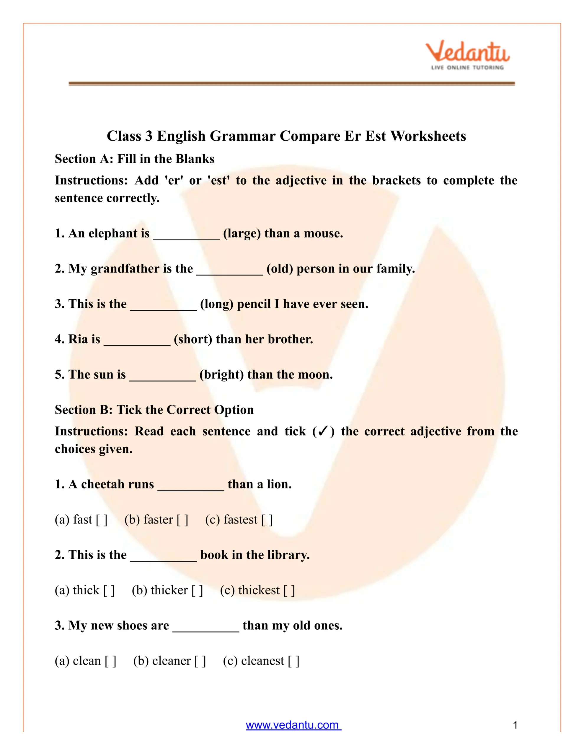 Class 3 English Grammar Compare Er And Est Worksheets PDF Class 3 English Grammar Compare Er And Est Worksheets PDF