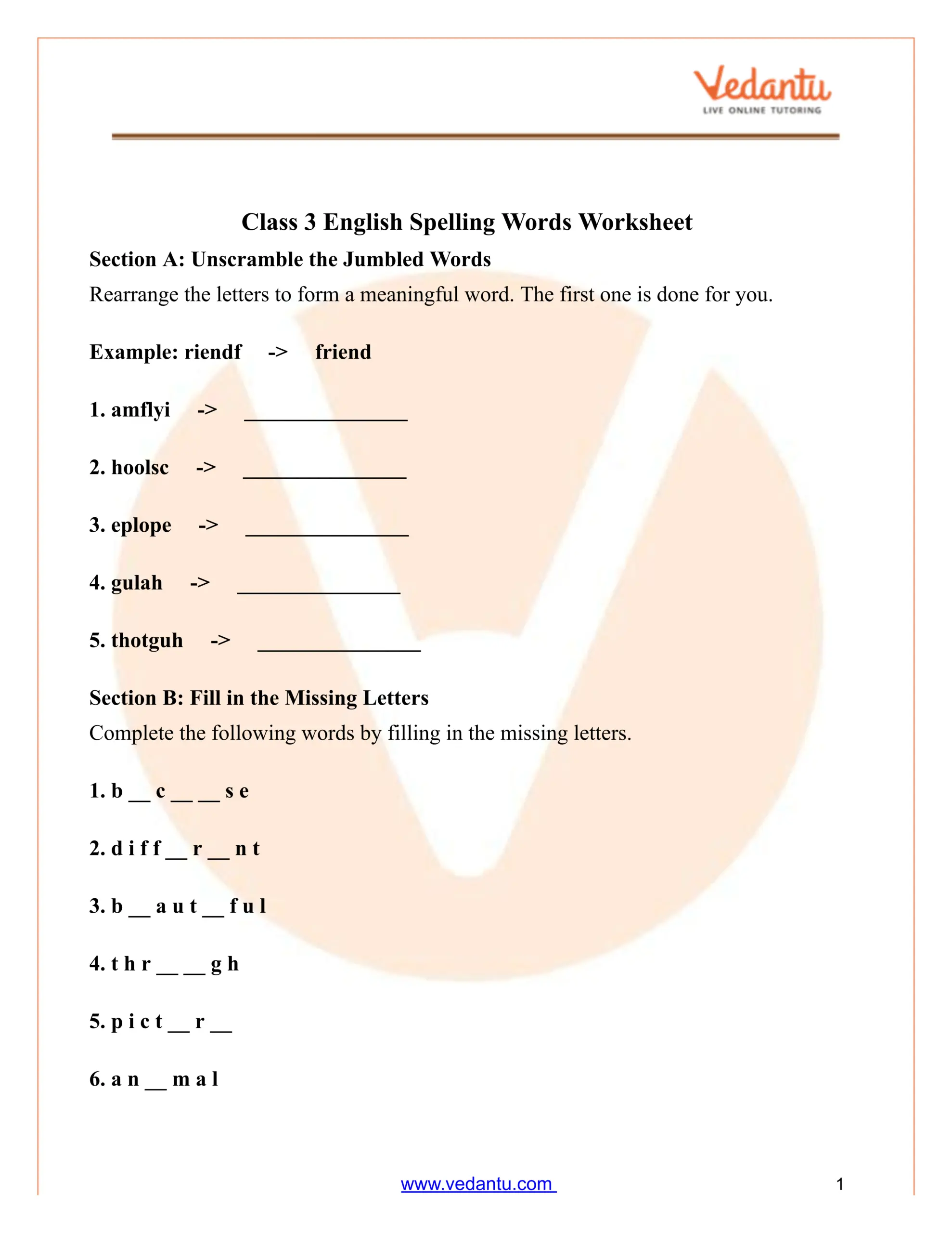 Class 3 Spelling Words Worksheet PDF With Answers Class 3 Spelling Words Worksheet PDF With Answers