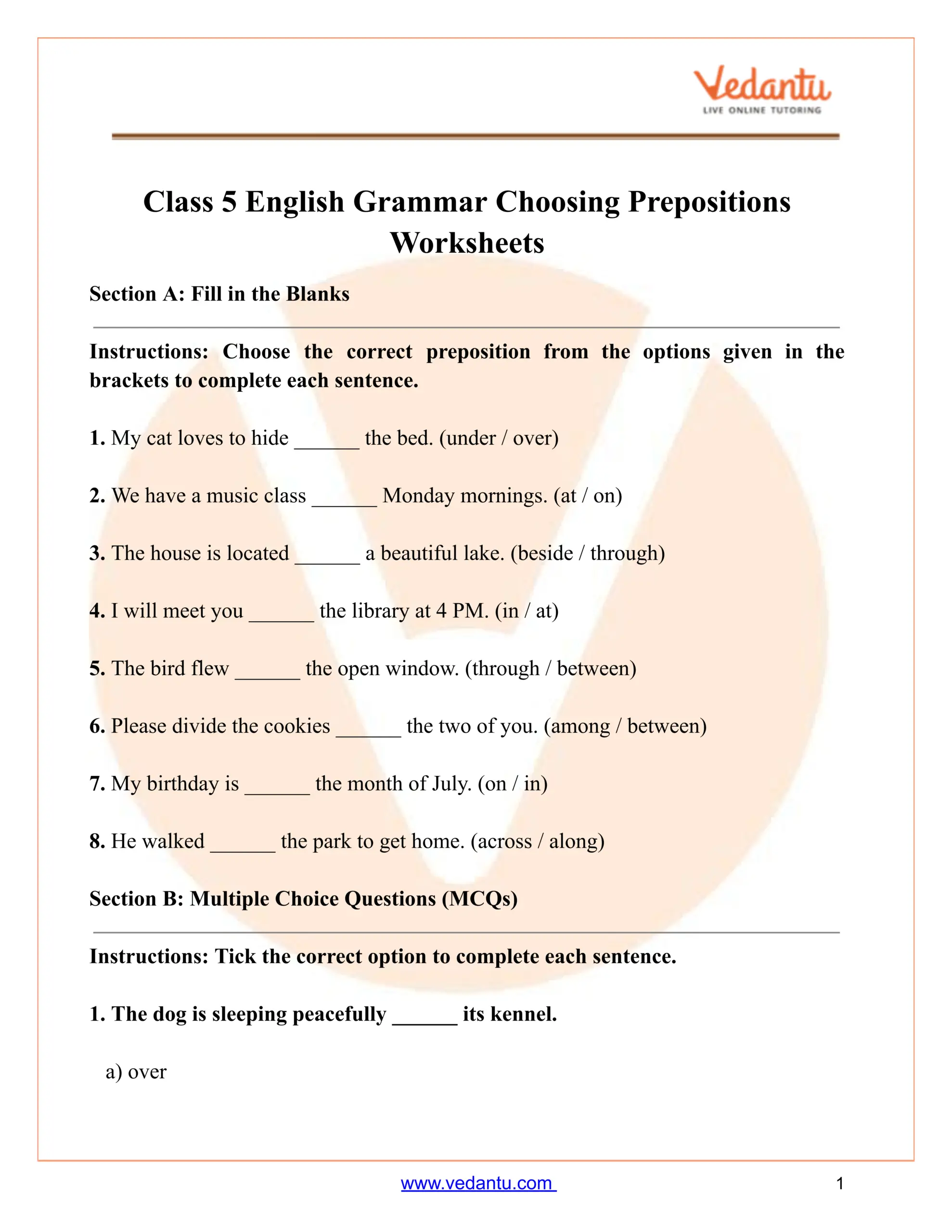 Class 5 English Grammar Choosing Prepositions Worksheet PDF Class 5 English Grammar Choosing Prepositions Worksheet PDF