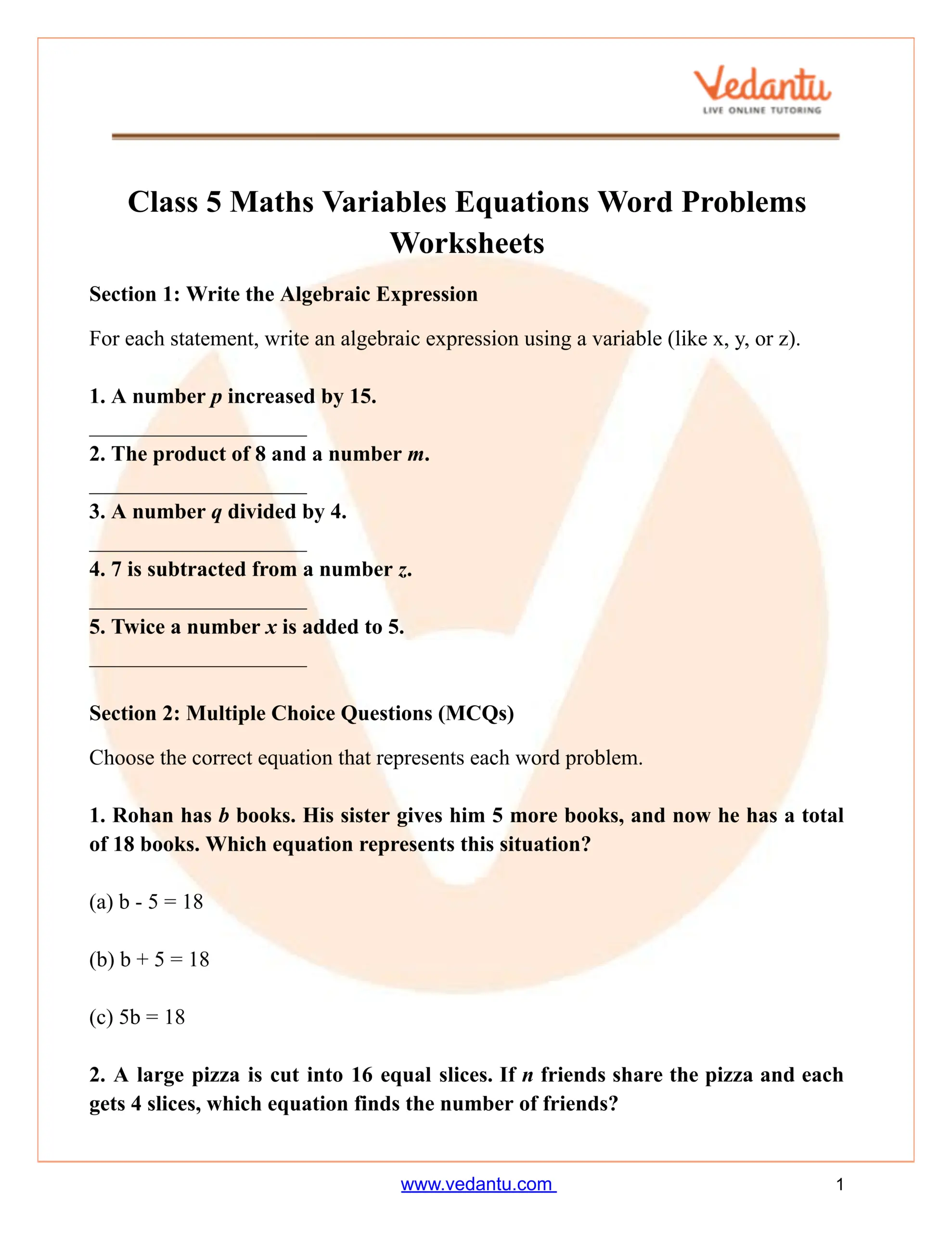 Class 5 Maths Variables Equations Word Problems Worksheet