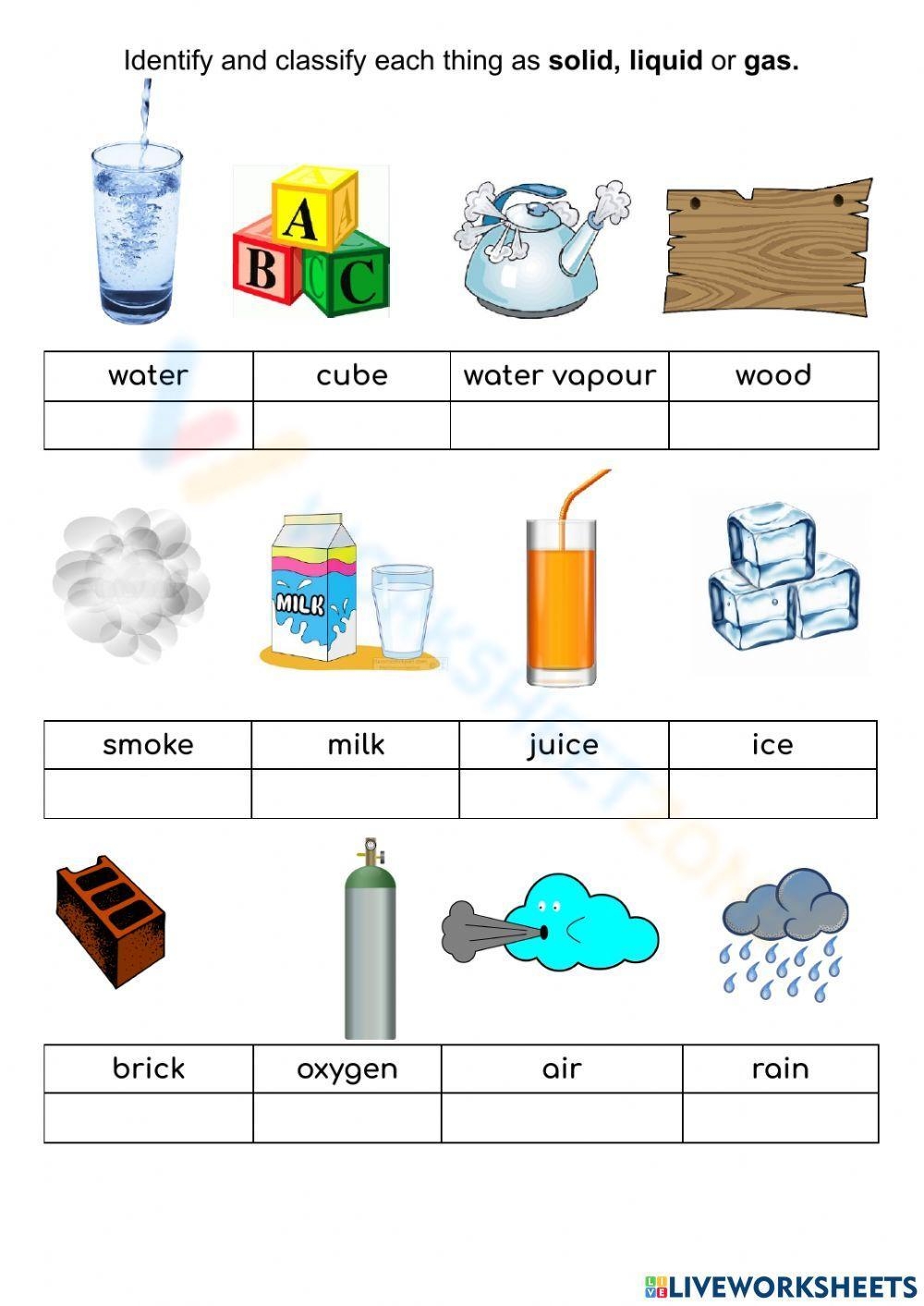 Classification Of Matter Solid Liquid Gas Worksheets Printable