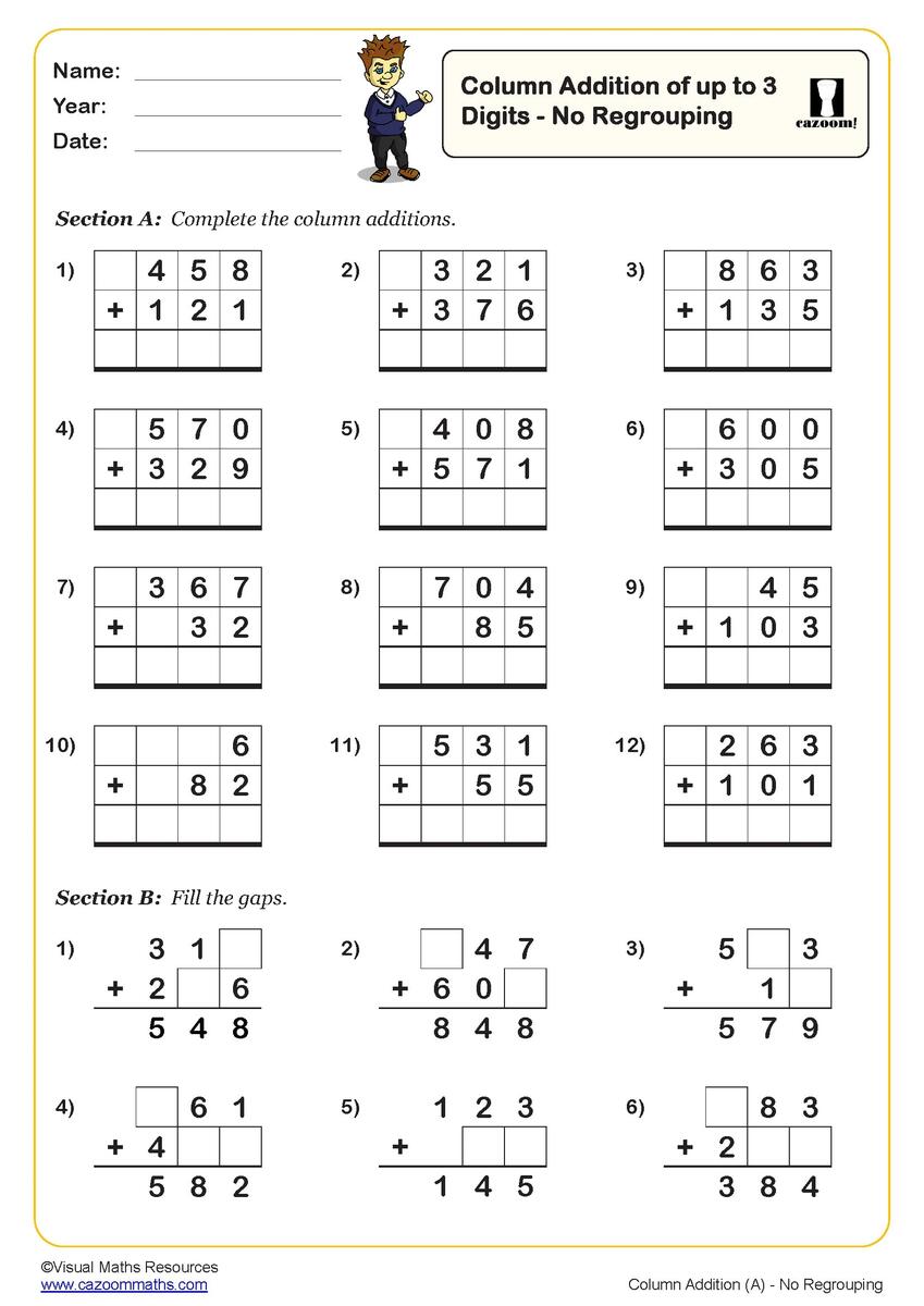 Column Addition Of Up To 3 Digits No Regrouping PDF Printable Addition Worksheets Column Addition Of Up To 3 Digits No Regrouping PDF Printable Addition Worksheets