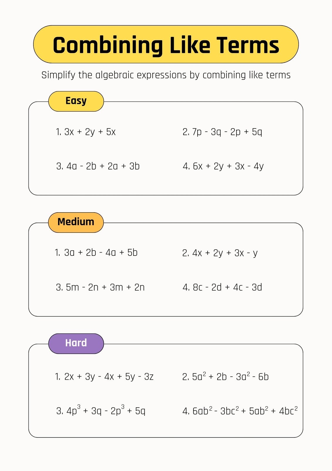 Combining Like Terms Printable Worksheet Practice Algebraic Skills Combining Like Terms Printable Worksheet Practice Algebraic Skills