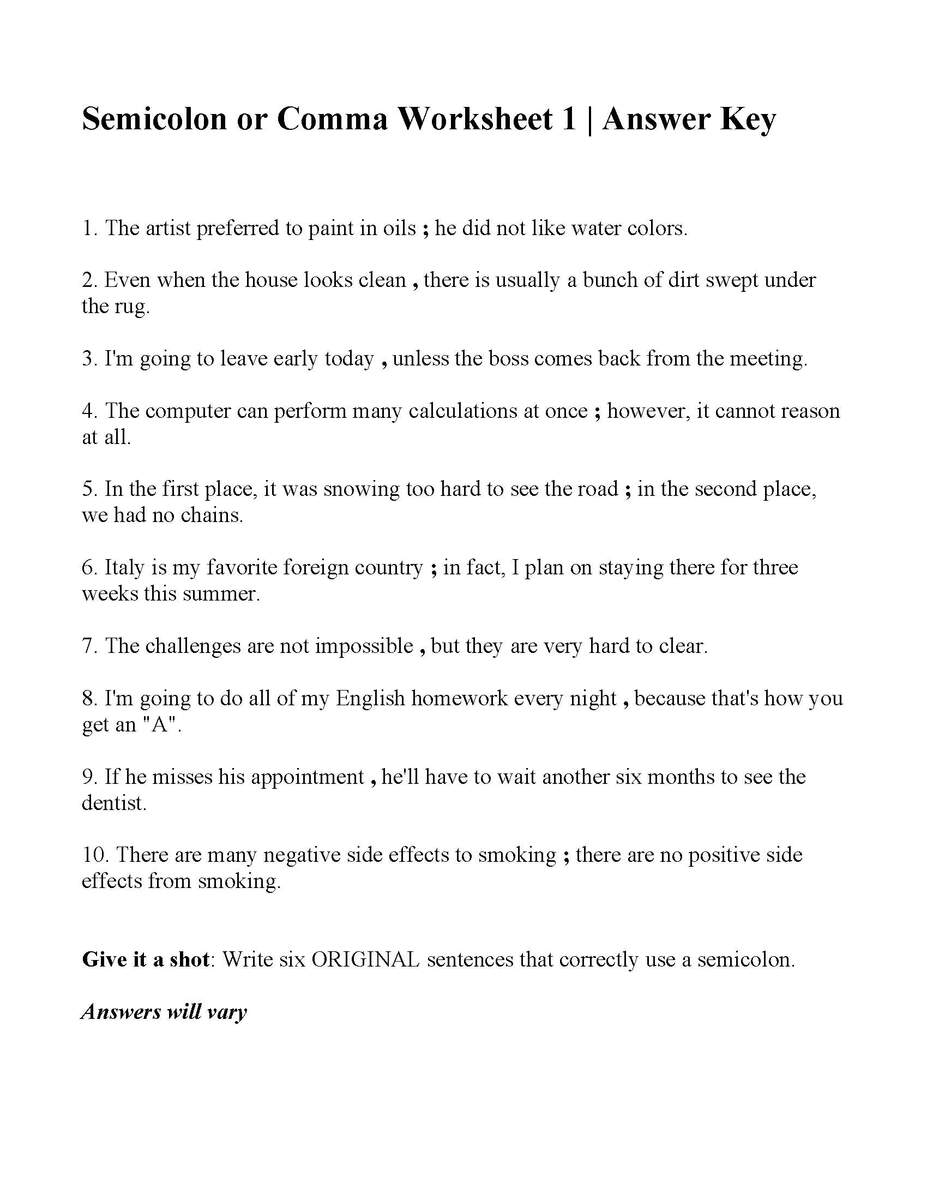 Commas Or Semicolons Worksheet 1 Answers