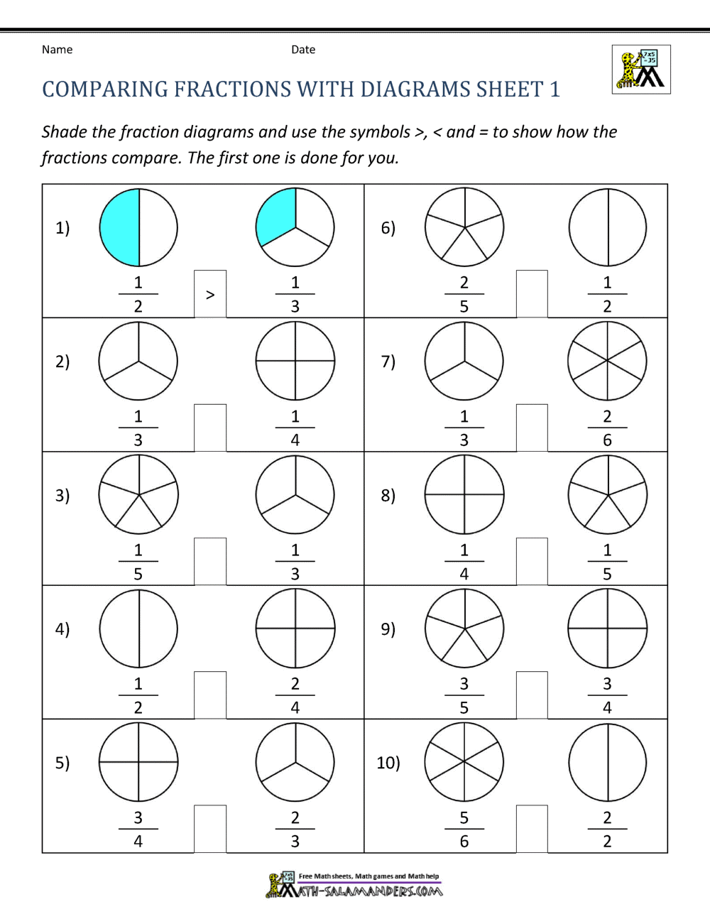 Comparing Fractions Worksheets