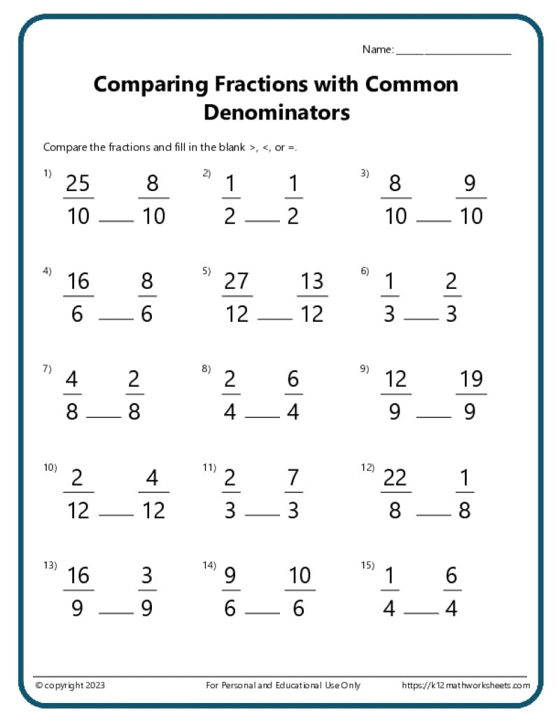 Comparing Fractions Worksheets Comparing Fractions Worksheets