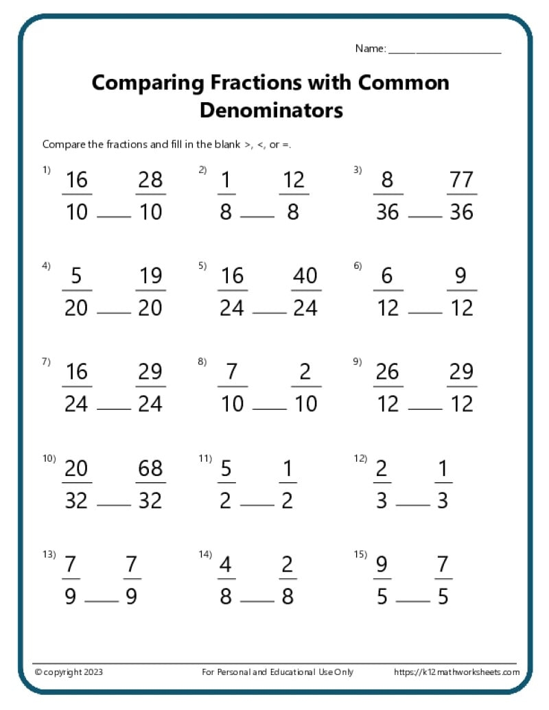 Comparing Fractions Worksheets