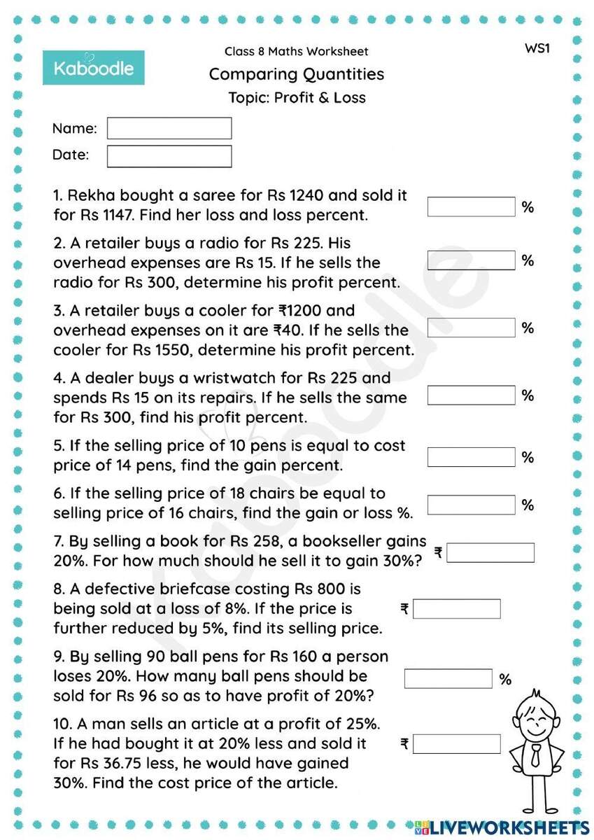 Comparing Quantities Profit Loss Worksheet Worksheets Library