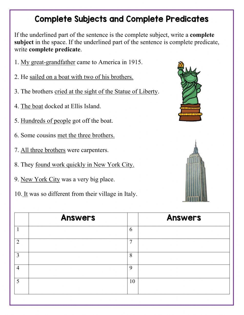 Complete Subject And Complete Predicate Worksheet Worksheets Library