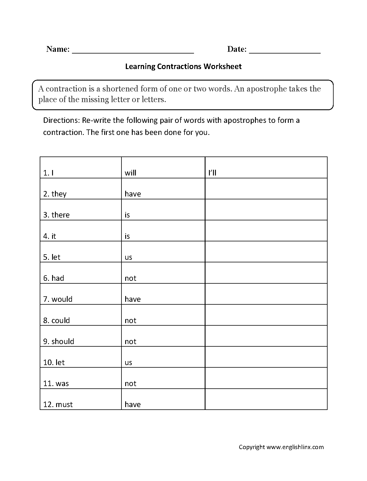 Contractions Worksheets Learning Contractions Worksheets Contractions Worksheets Learning Contractions Worksheets