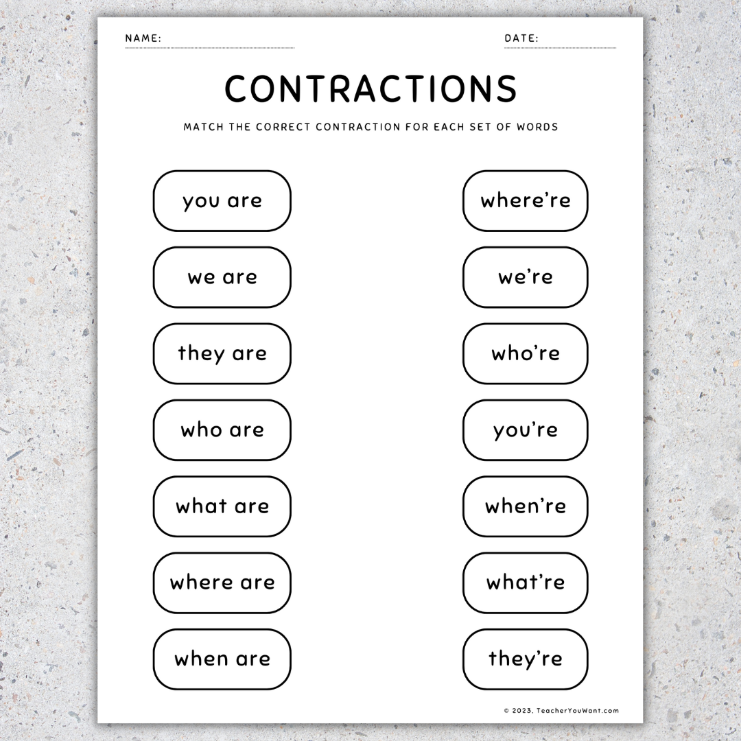 Contractions Worksheets Matching Game Activity Assessment Made By Teachers