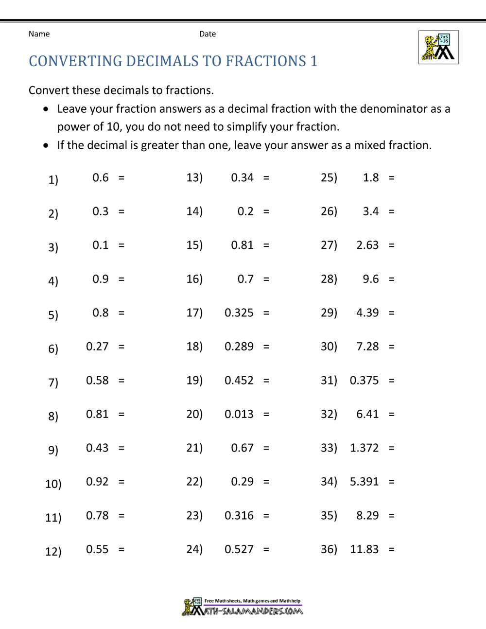 Converting Decimals To Fractions Worksheet Converting Decimals To Fractions Worksheet