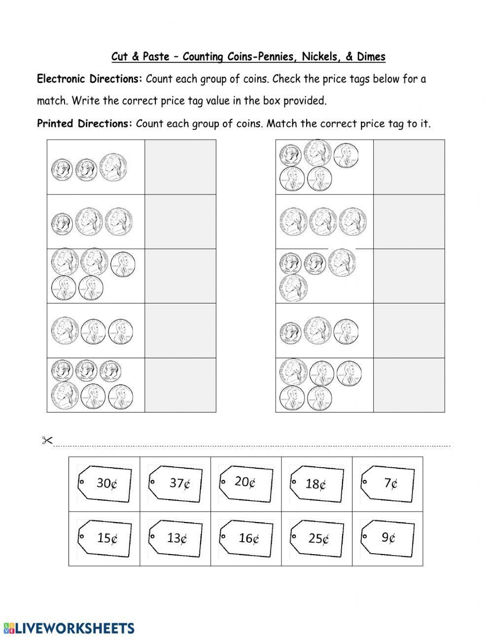 Cut And Paste Counting Coins Pennies Nickels And Dimes Worksheets Library