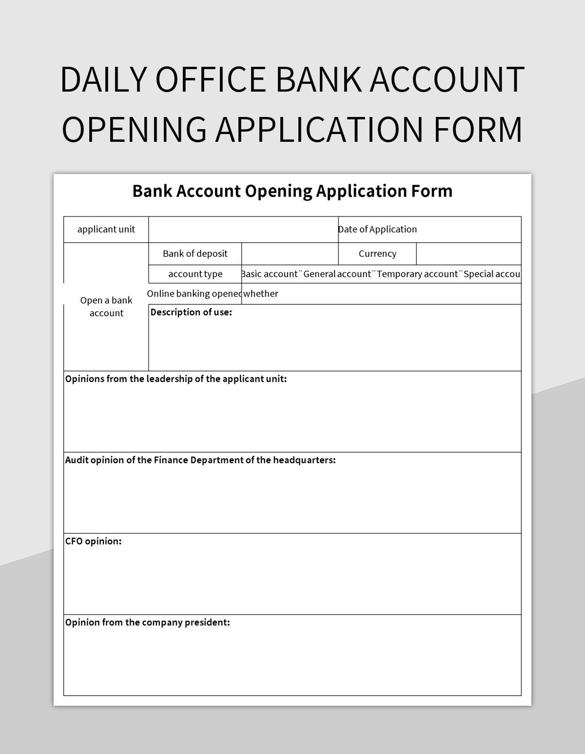 Daily Office Bank Account Opening Application Form Excel Template And Google Sheets File For Free Download Slidesdocs Daily Office Bank Account Opening Application Form Excel Template And Google Sheets File For Free Download Slidesdocs