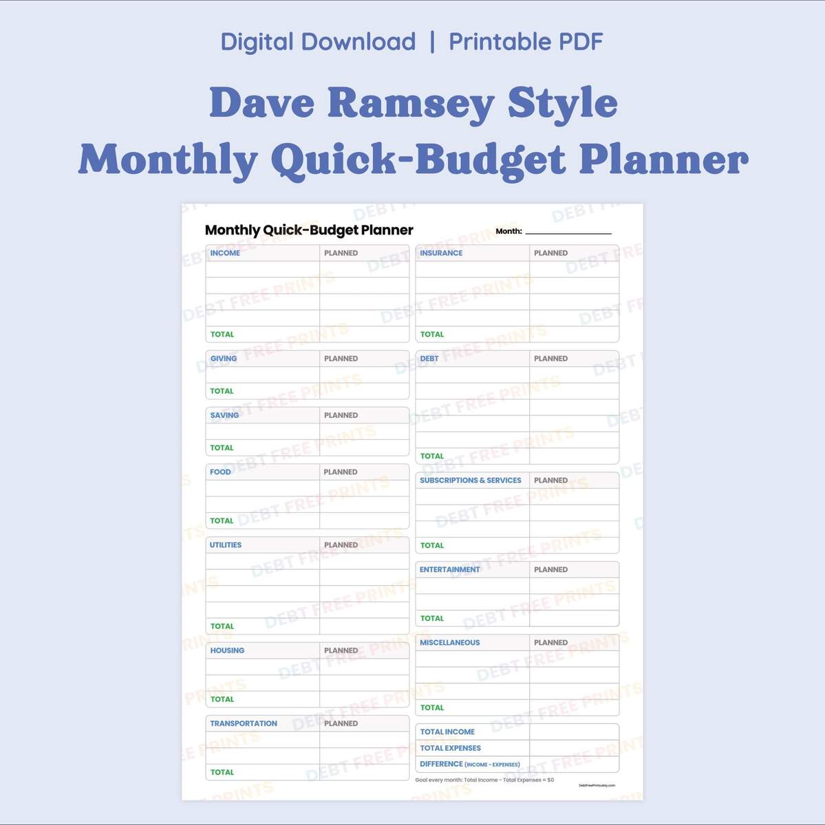 Dave Ramsey Style Monthly Quick Budget Planner Digital Download Printable PDF Etsy