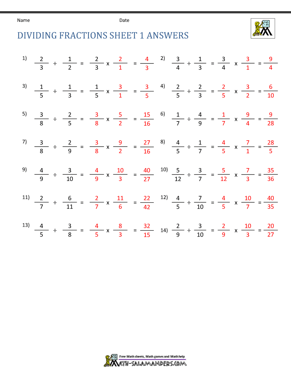 Dividing Fractions Worksheet