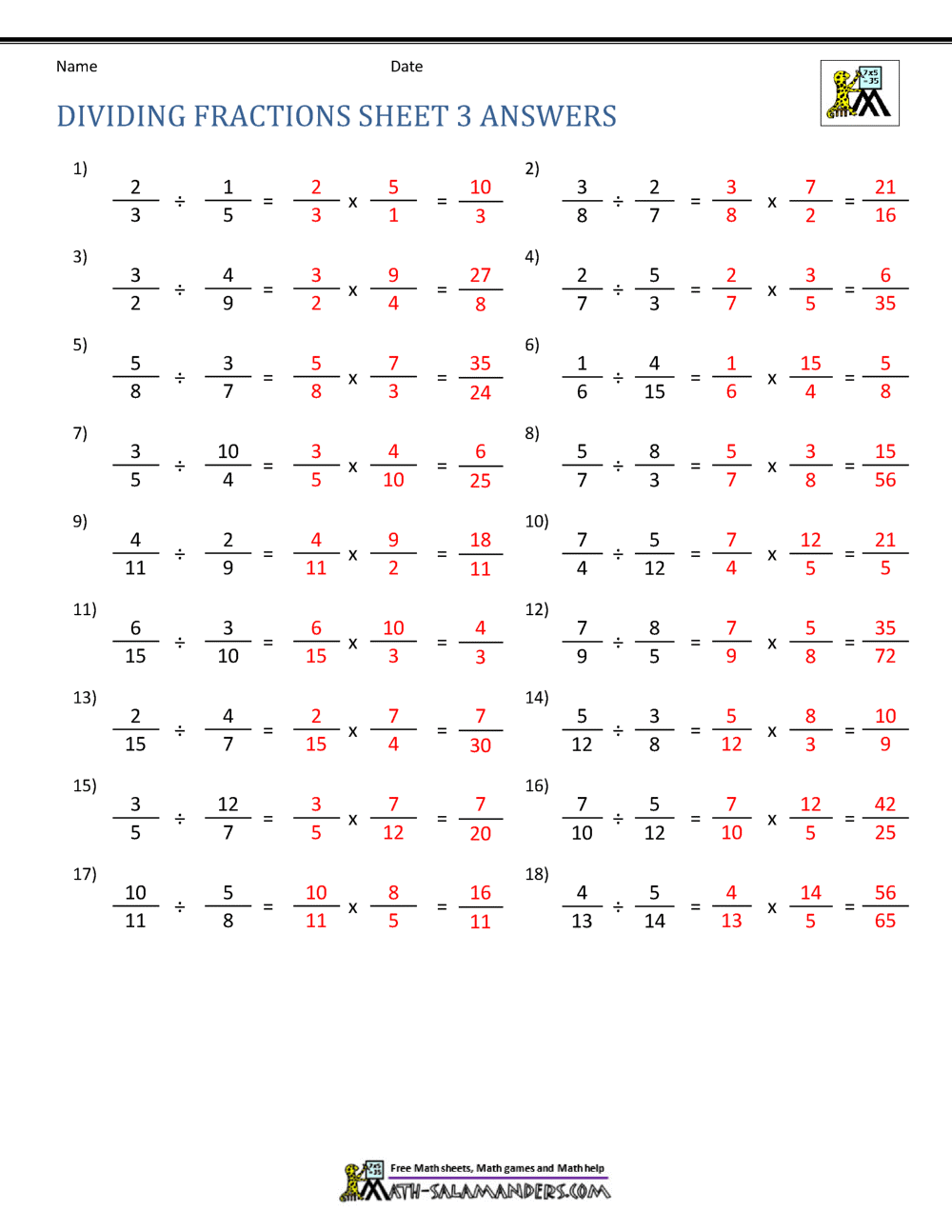 Dividing Fractions Worksheet