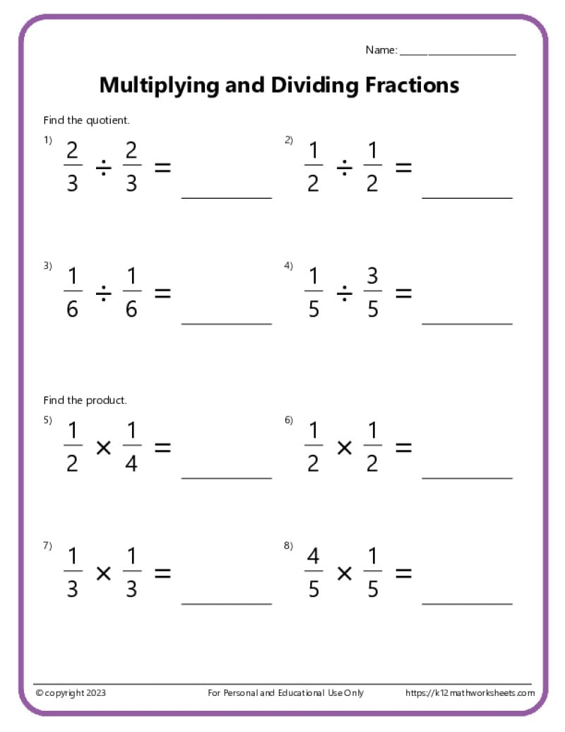 Dividing Fractions Worksheets Multiplying And Dividing Fractions Worksheet Printable PDF Worksheets