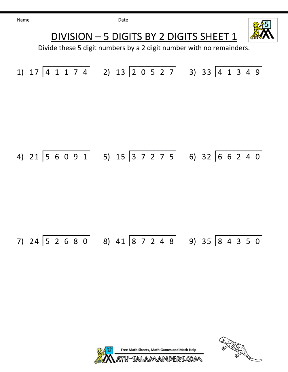Division 5 Digits By 2 Digits Sheet 1
