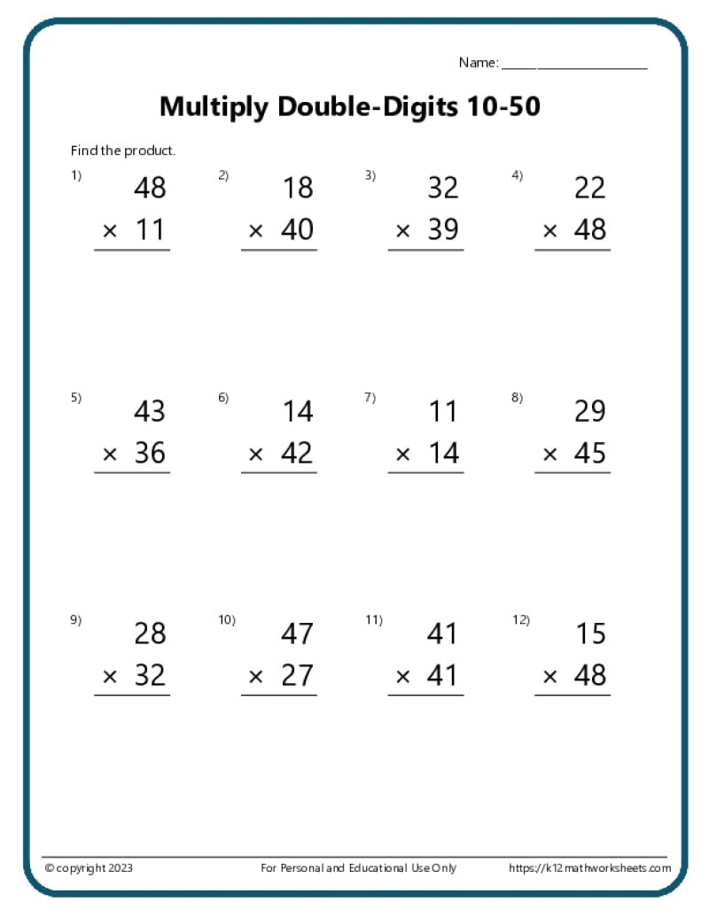 10 Printable Double Digit Multiplication Worksheets 2 Digit Practice PDF Download Etsy