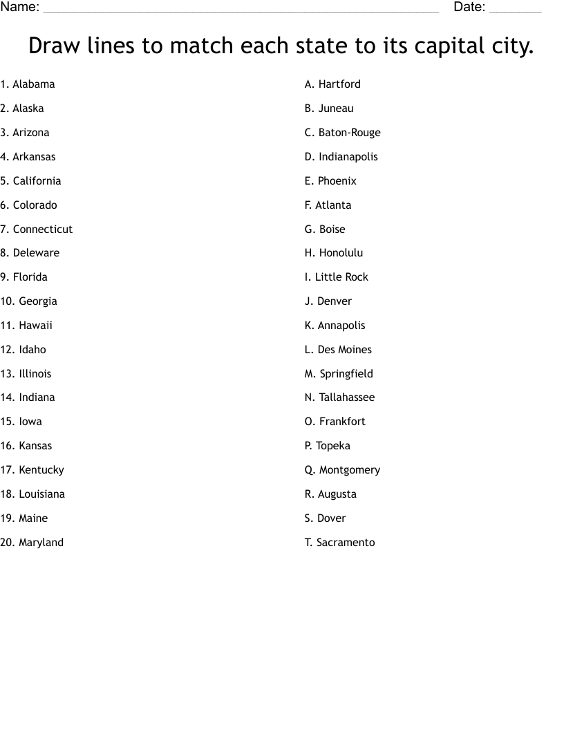 Draw Lines To Match Each State To Its Capital City Worksheet WordMint Draw Lines To Match Each State To Its Capital City Worksheet WordMint