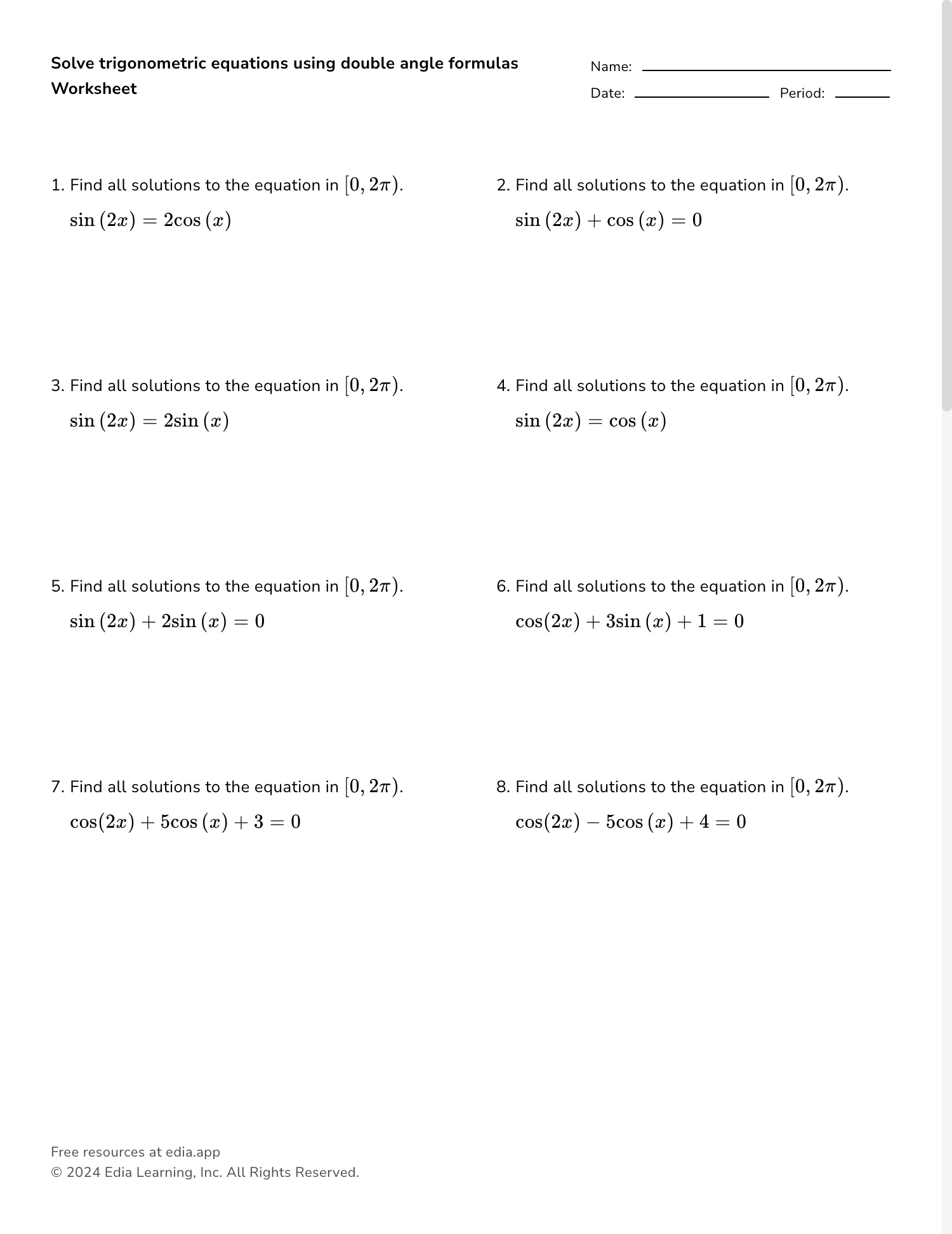 Edia AI Platform For Student Outcomes Solving Trigonometric Equations Worksheet Printable Maths Worksheets